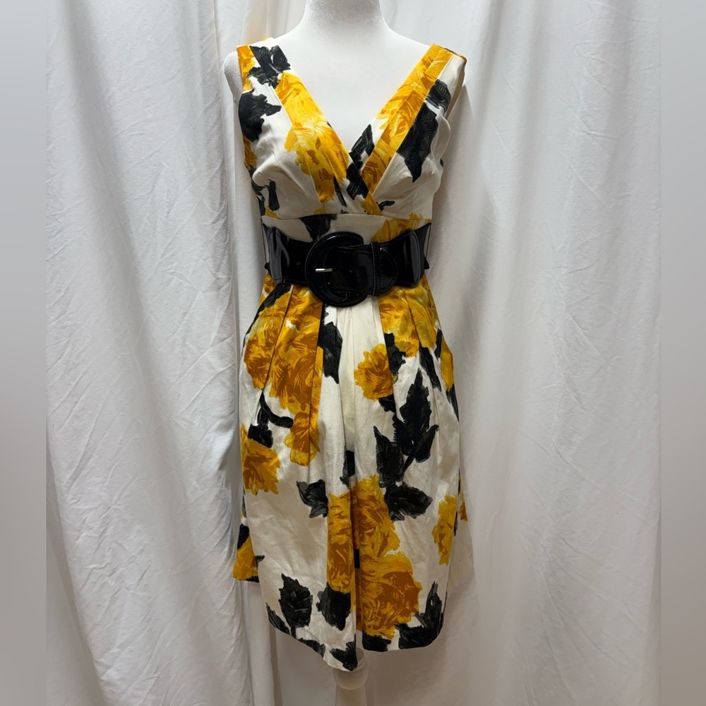 Corey P yellow, black, and white floral print fit and flare dress women’s sz 4